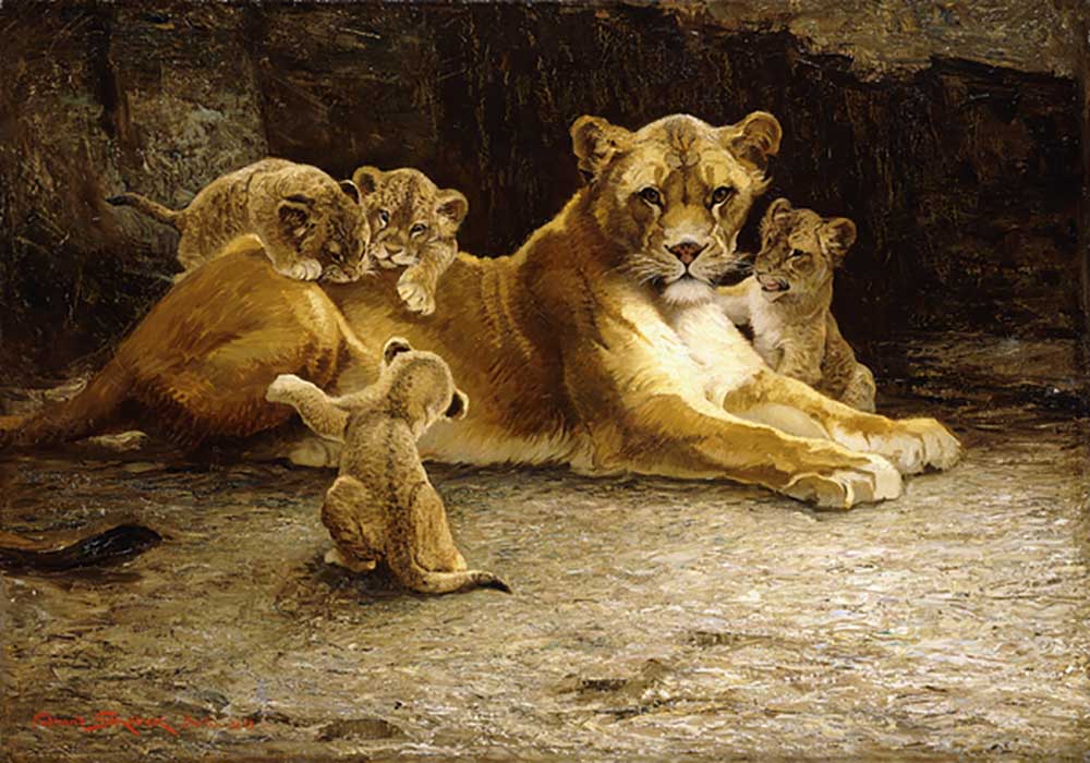 A Lioness with her Cubs, 1913 a Ferdinand Schebek