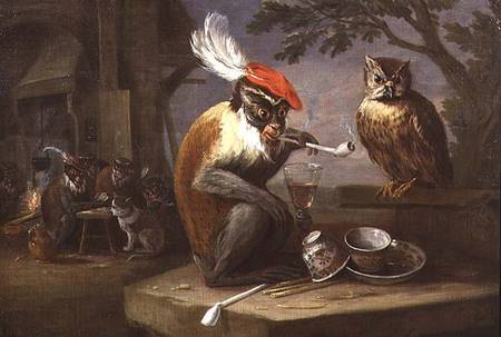 A monkey smoking and drinking with an owl a Ferdinand van Kessel