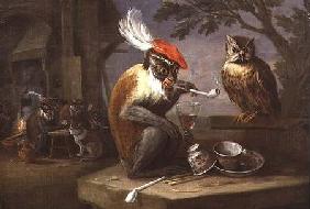 A monkey smoking and drinking with an owl