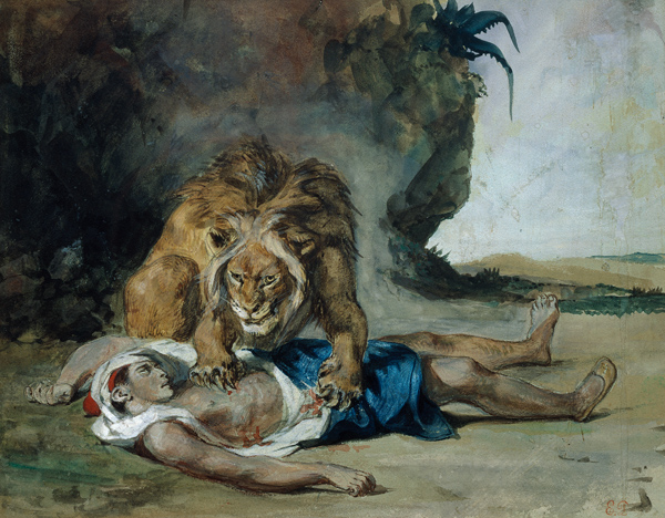 Lion at the corpse of an arab. a Ferdinand Victor Eugène Delacroix