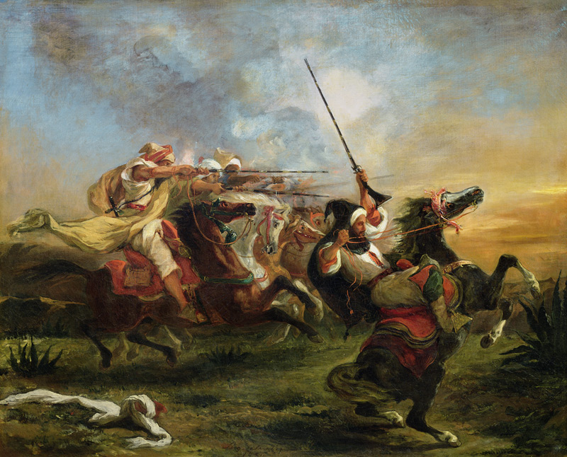 Moroccan horsemen in military action a Ferdinand Victor Eugène Delacroix