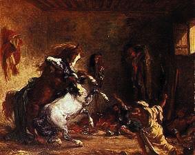 Fighting arab horses in a stable a Ferdinand Victor Eugène Delacroix