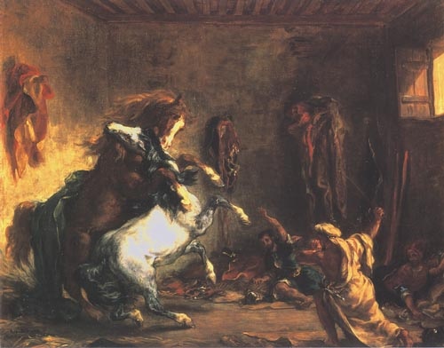 Fighting Arabian horses in a stable a Ferdinand Victor Eugène Delacroix
