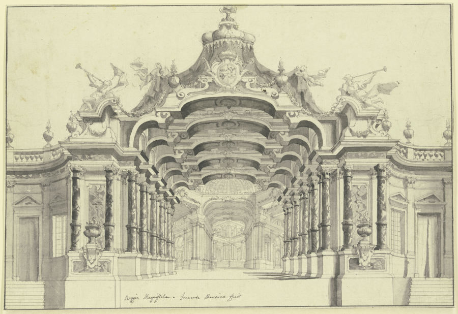 Eine große Halle mit einem Baldachin überbaut, unter welchem ein Wappen zu sehen ist, rechts und lin a Ferdinando Bibièna