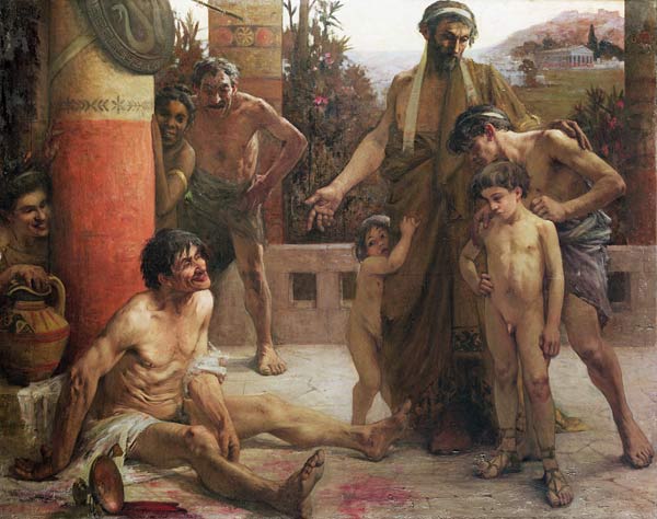A Spartan points out a drunken slave to his sons, 1900 (oil on canvas)  a Fernand Sabbate