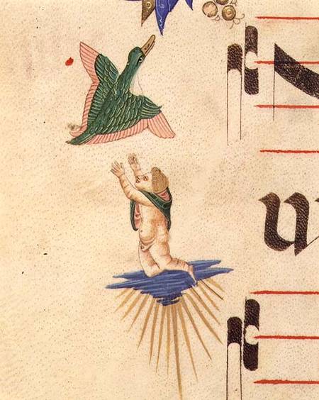 Missal 515 f.13v A cloaked cherub trying to catch a flying bird, from a decorative border a Filippo di Matteo Torelli