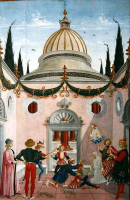 St. Bernardino of Siena (1380-1444) saving a young man hit on the head with a shovel, 1473 (oil on p a Fiorenzo di Lorenzo