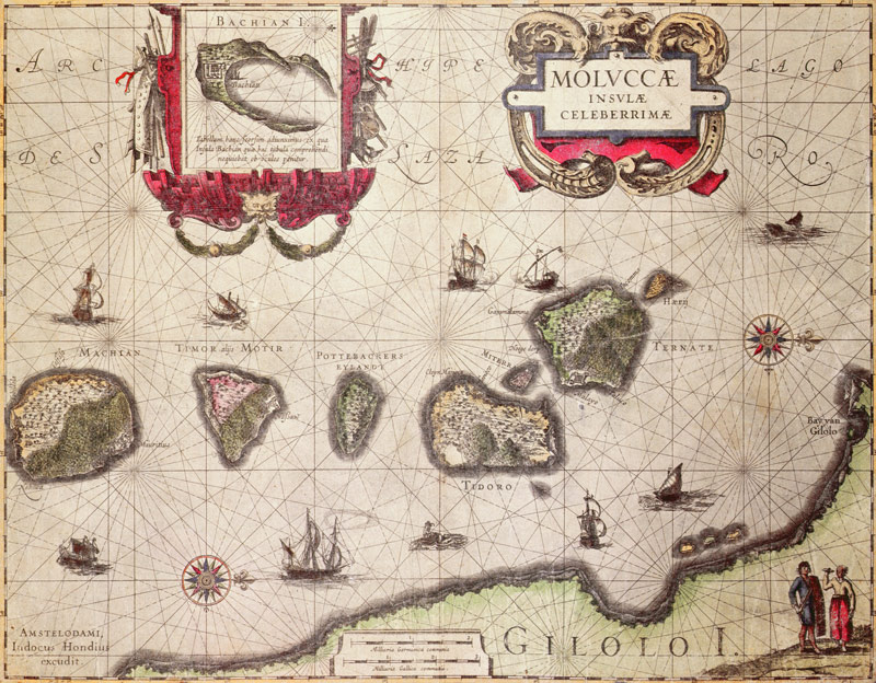 Map of The Moluccan Island; engraved by Jodocus Hondius (colour engraving) a Scuola Fiamminga