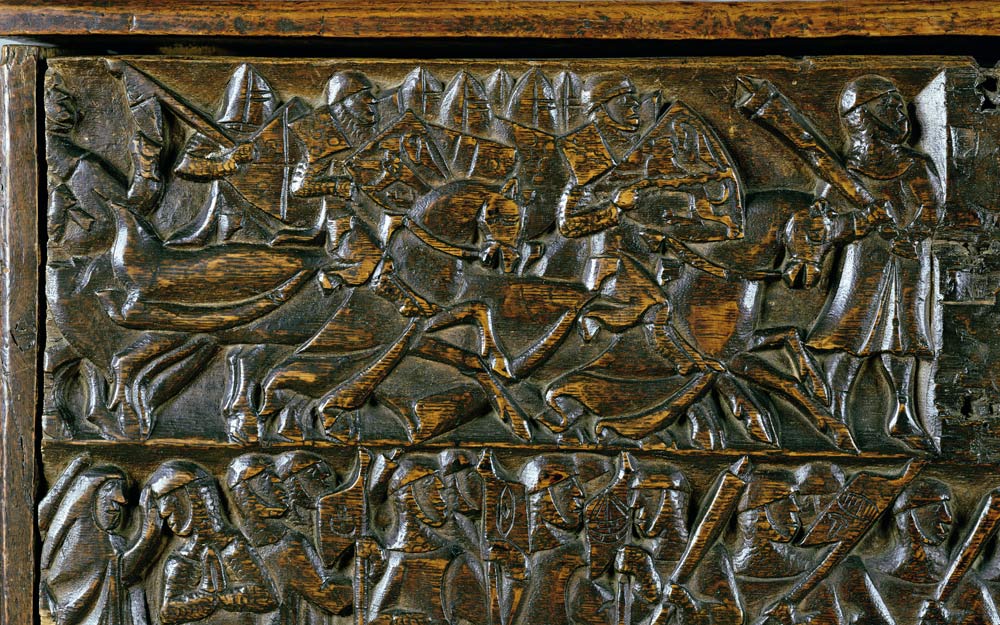 The Courtrai Chest depicting two scenes from the Battle of the Golden Spurs fought in Courtrai in 13 a Scuola Fiamminga