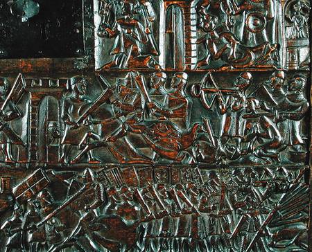 The Courtrai Chest depicting the uprising in Bruges on 18th May during the Battle of the Golden Spur a Scuola Fiamminga