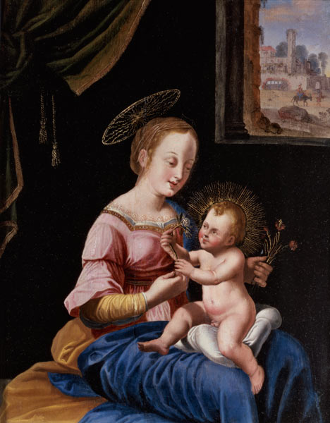 Virgin and Child with the Flight into Egypt a Scuola Fiamminga