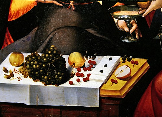 Scene Galante at the Gates of Paris, detail of fruits, playing cards and a goblet (detail of 216104) a Scuola Fiamminga
