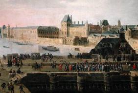 View of the Pont-Neuf and the River Seine looking downstream, detail of the bridge and the Louvre
