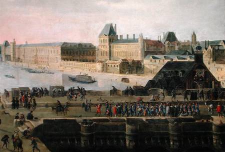 View of the Pont-Neuf and the River Seine looking downstream, detail of the bridge and the Louvre a Scuola Fiamminga