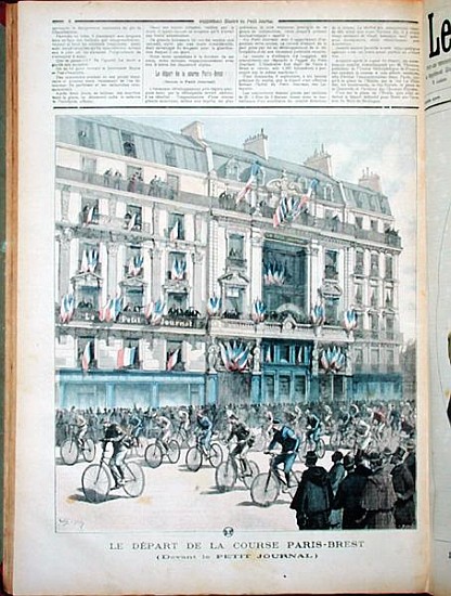 The start of the Paris-Brest bicycle race in front of the offices of ''Le Petit Journal'', illustrat a Fortune Louis Meaulle