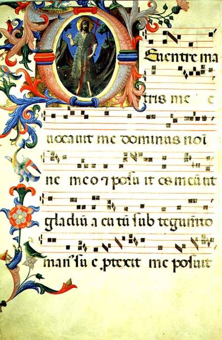 Ms 558 f.55v Page of choral notation with an historiated initial 'O' depicting St. John the Baptist, a Fra Beato Angelico