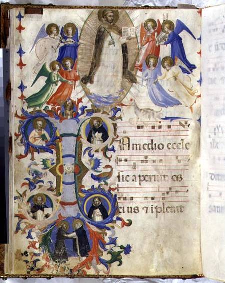 Ms 558 f.67v Page depicting St. Dominic and an historiated initial 'I' from a gradual book from San a Fra Beato Angelico