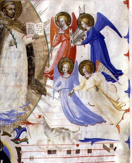 Ms 558 f.67v St. Dominic with four musical angels, from a gradual from San Marco e Cenacoli a Fra Beato Angelico