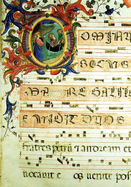 Ms 558 f.9r Historiated initial 'O' depicting the Calling of St. Peter and St. Andrew with musical n a Fra Beato Angelico