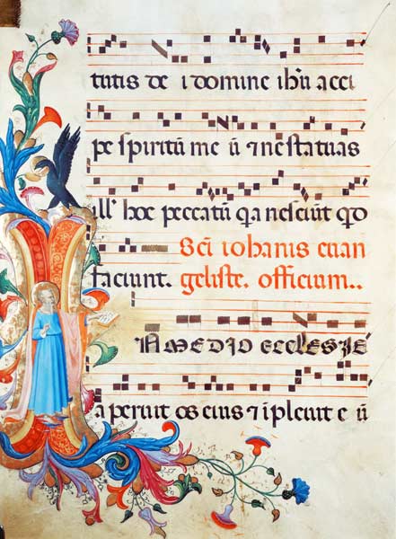Ms 558 f.13v Historiated initial 'I' depicting St. John the Evangelist, with page of musical notatio a Fra Beato Angelico