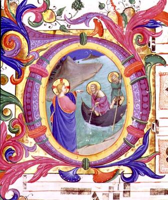 Missal 558 f.9r Historiated initial 'O' depicting the Miraculous Draught of Fishes (detail of 88928) a Fra Beato Angelico