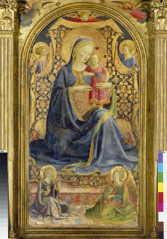 Maria with the Jesuskind sitting enthroned, of angels surround a Fra Beato Angelico