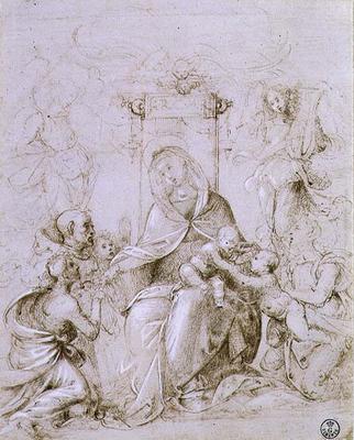 Madonna and Child enthroned with St. John the Baptist presented by an angel and St. Monica (pen and a Fra Bartolommeo