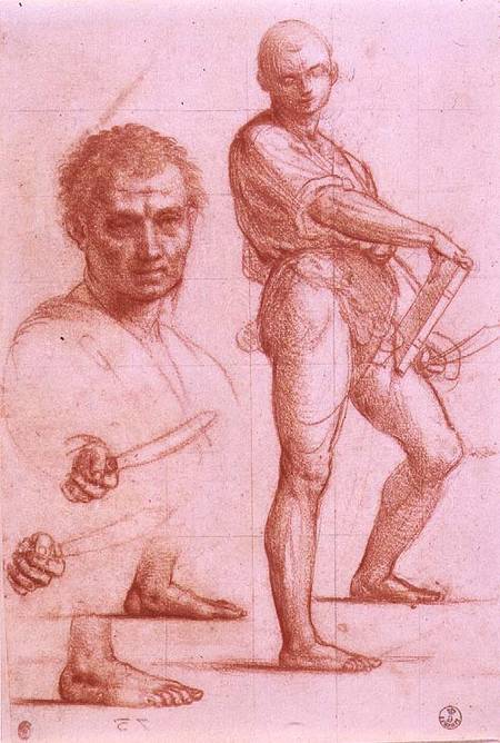 Study of a male holding a sword and a book, the sword and feet rehearsed twice, and a male head a Fra Bartolommeo