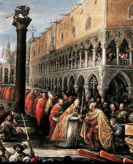 Pope Alexander III, at the head of a procession, presents a sword to a notable Venetian a Francesco da Ponte