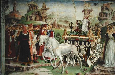 The Triumph of Minerva: March, from the Room of the Months, detail of the chariot and the group of s a Francesco del Cossa