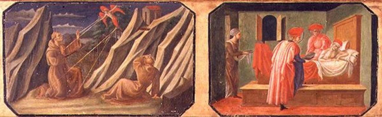 (LtoR) St. Francis of Assisi receiving the stigmata, SS. Cosmas and Damian healing a sick man; copie a Francesco di Stefano Pesellino