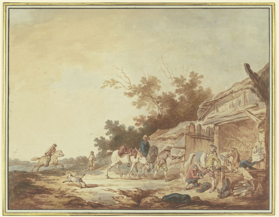 Ein Reisender, dem die Reitstiefel angezogen werden, steht mit seinen Pferden bei einer Tränke vor e a Francesco Giuseppe Casanova