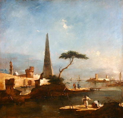 Obelisk beside the entrance to a walled harbour (oil on canvas) a Francesco Guardi