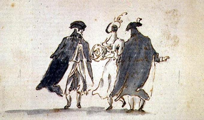 Three Masked Figures in Carnival Costume (pen & ink on paper) a Francesco Guardi