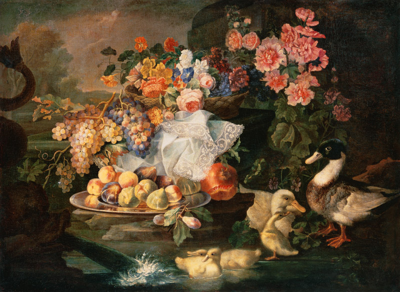 Still Life of Fruit and Flowers with a Duck, Drake and Ducklings a Francesco Morosini