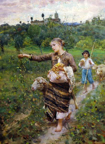 Shepherdess carrying a bunch of grapes a Francesco Paolo Michetti