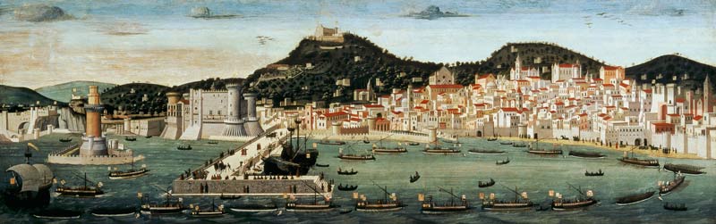 View of Naples depicting the Aragonese fleet re-entering the port after the Battle of Ischia in 1442 a Francesco Rosselli