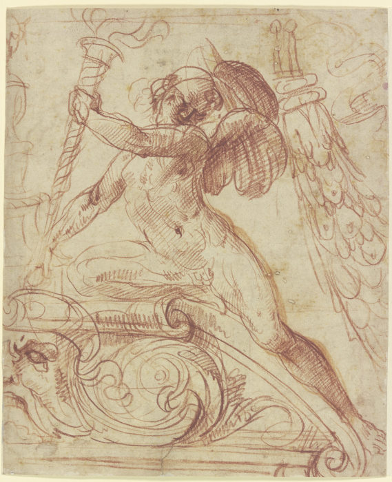 Putto mit brennender Fackel auf einem Rundgiebel kniend a Francesco Salviati