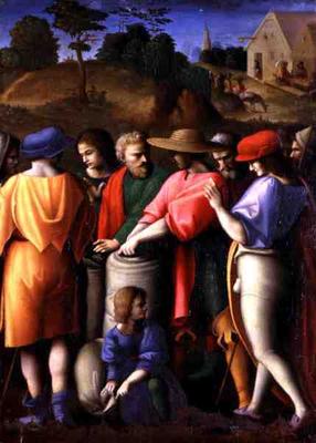 The Search for the Stolen Cup, from 'The Stories of Giuseppe Ebreo' (tempera on panel) a Francesco Ubertini Verdi Bachiacca