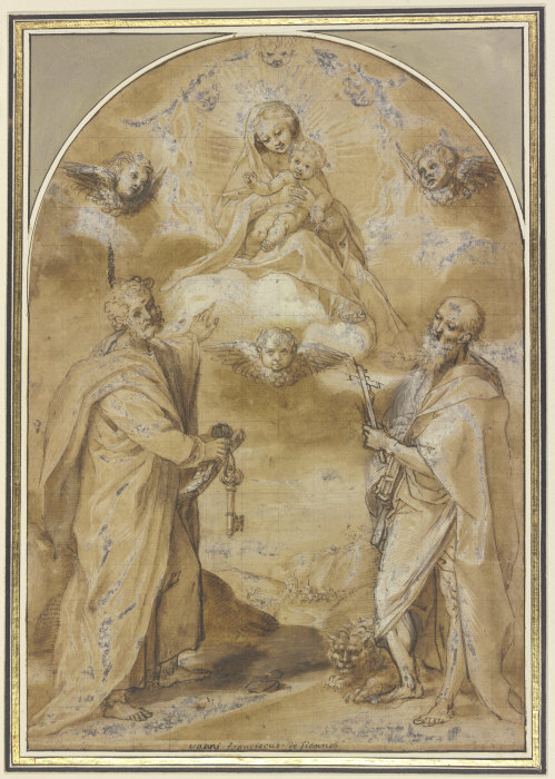 Die Madonna mit dem Jesuskind erscheint in einer engelgesäumten Gloriole den Heiligen Petrus und Hie a Francesco Vanni