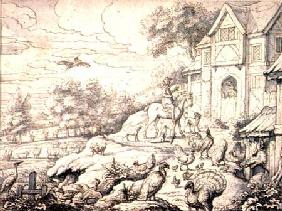 Farmyard, with Figures and Landscape Background