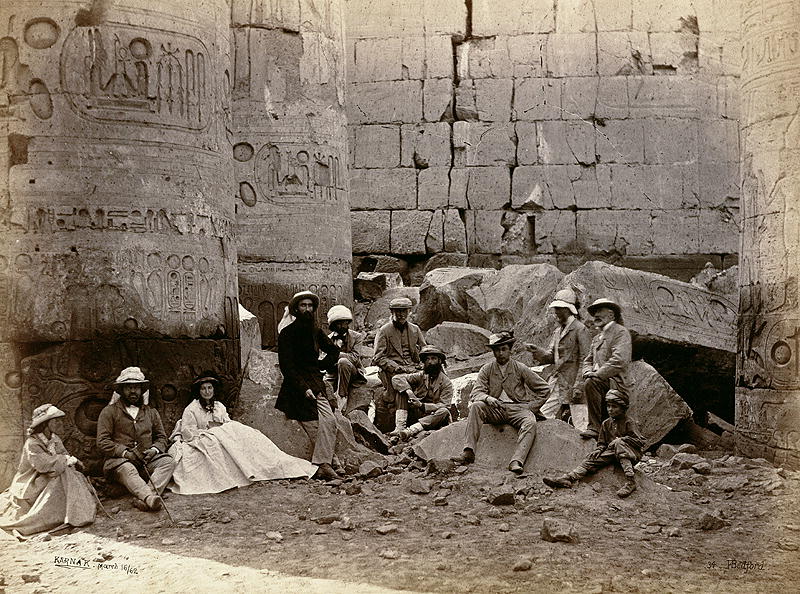 Group photograph in the Hall of Columns, Karnak, Thebes, 1862 (b/w photo)  a Francis Bedford