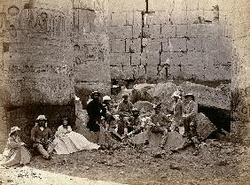 Group photograph in the Hall of Columns, Karnak, Thebes, 1862 (b/w photo) 