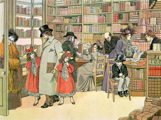 The Book Shop, from 'The Book of Shops', 1899 (colour litho) a Francis Donkin Bedford