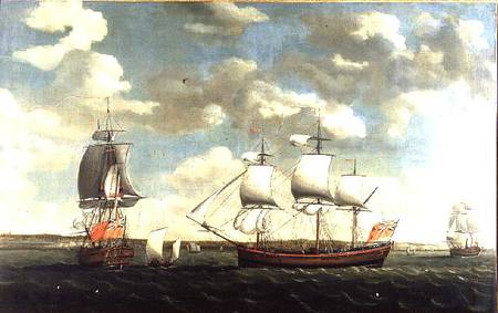 Portrait of an East Indiaman in three positions off Portsmouth a Francis Holman