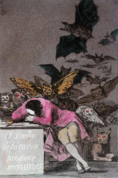The Sleep of Reason Produces Monsters, plate 43 of 'Los Caprichos', published c.1810 (colour engravi a Francisco Jose de Goya