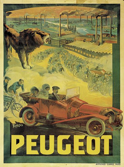Poster advertising Peugeot cars a Francisco Tamagno