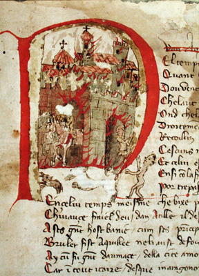 Ms Est 27 W 8.17 f.1r Historiated initial depicting Attila the Hun (c.406-453) burning the city of A a Franco-Italian School, (15th century)