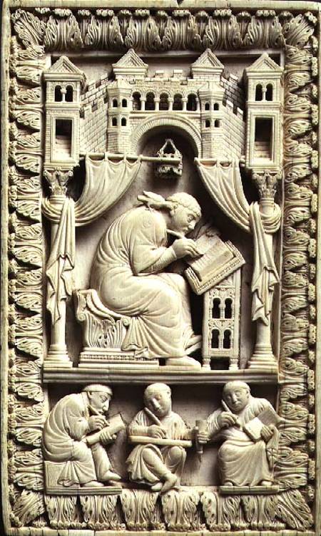 St. Gregory writing with scribes below, Carolingian a Franco-German School