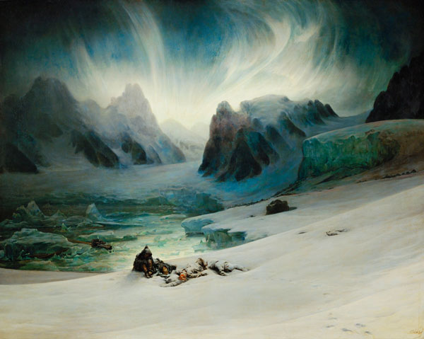 Blick von der Gräberhalbinsel über die Magdalenenbai im Norden von Spitzbergen bei Polarlicht a François August Biard